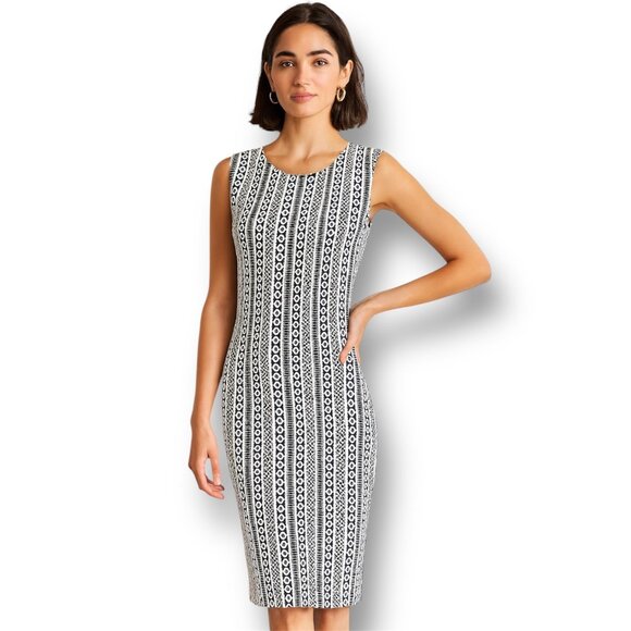 Calvin Klein 14 Black White Sheath Midi Dress Embroidered Office Career Preppy - Picture 1 of 11